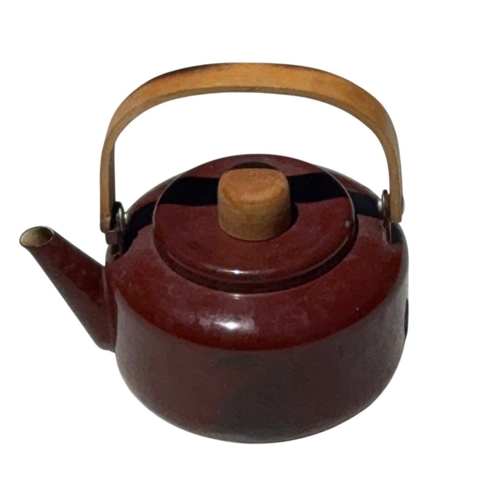 Vintage MCM Teapot Kettle Wood Handle Brown Enamel Scandinavian Japanese Style